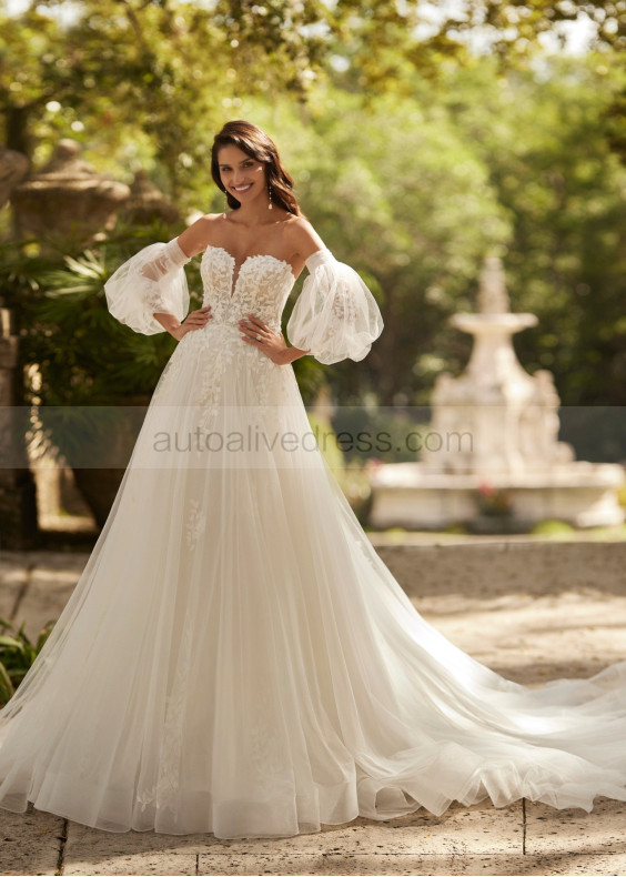Beaded Ivory Lace Tulle Sweet Wedding Dress With Detachable Sleeves